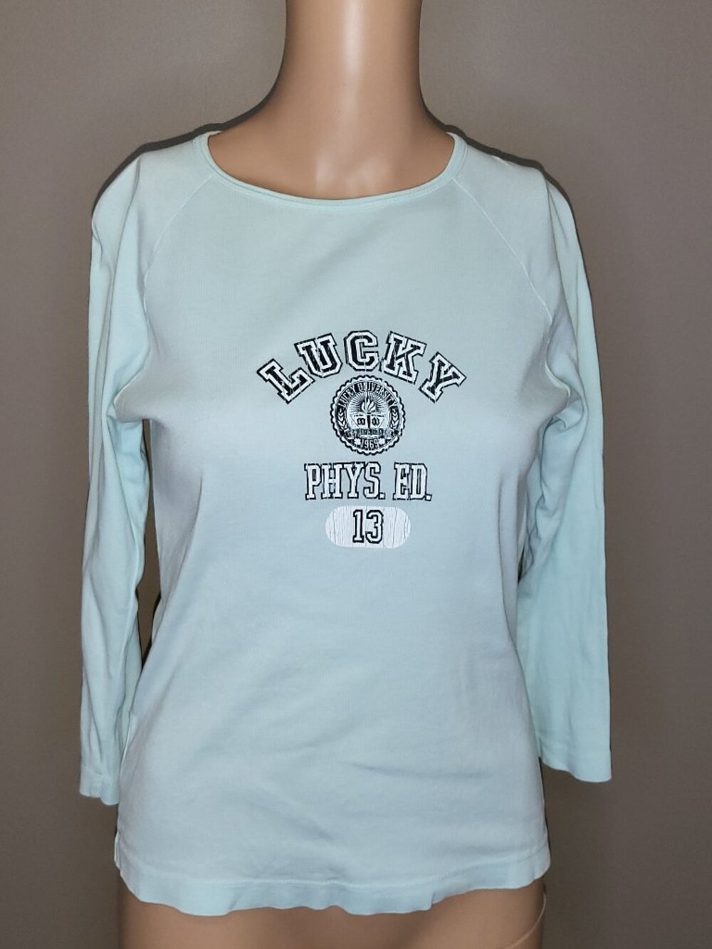 LUCKY BRAND Light Blue Lucky University Phys Ed 13 Raglan Top Size L